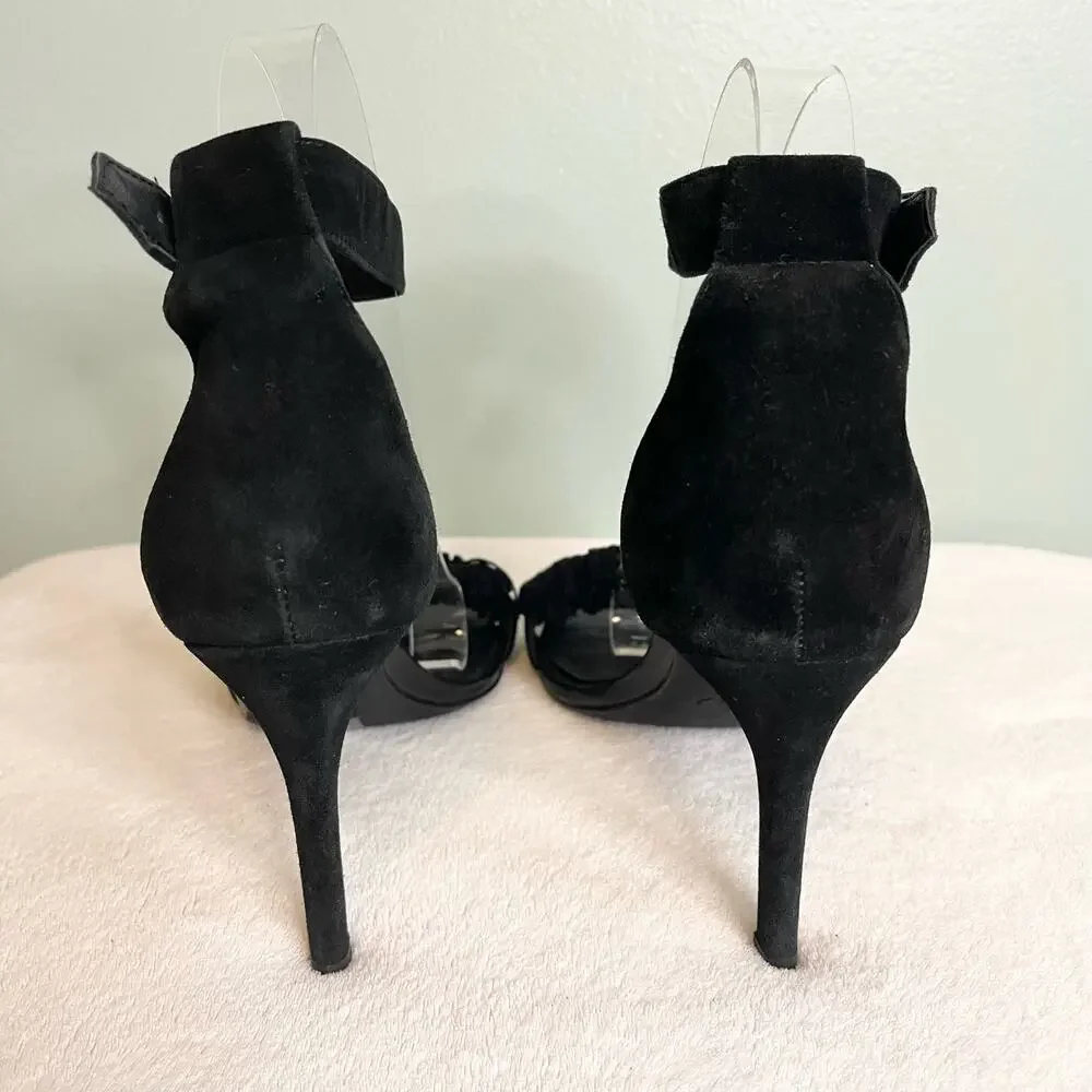 Joie Stiletto Heels 38 / 8 Black Ankle Strap Suede Fringe Party Cocktail Evening
